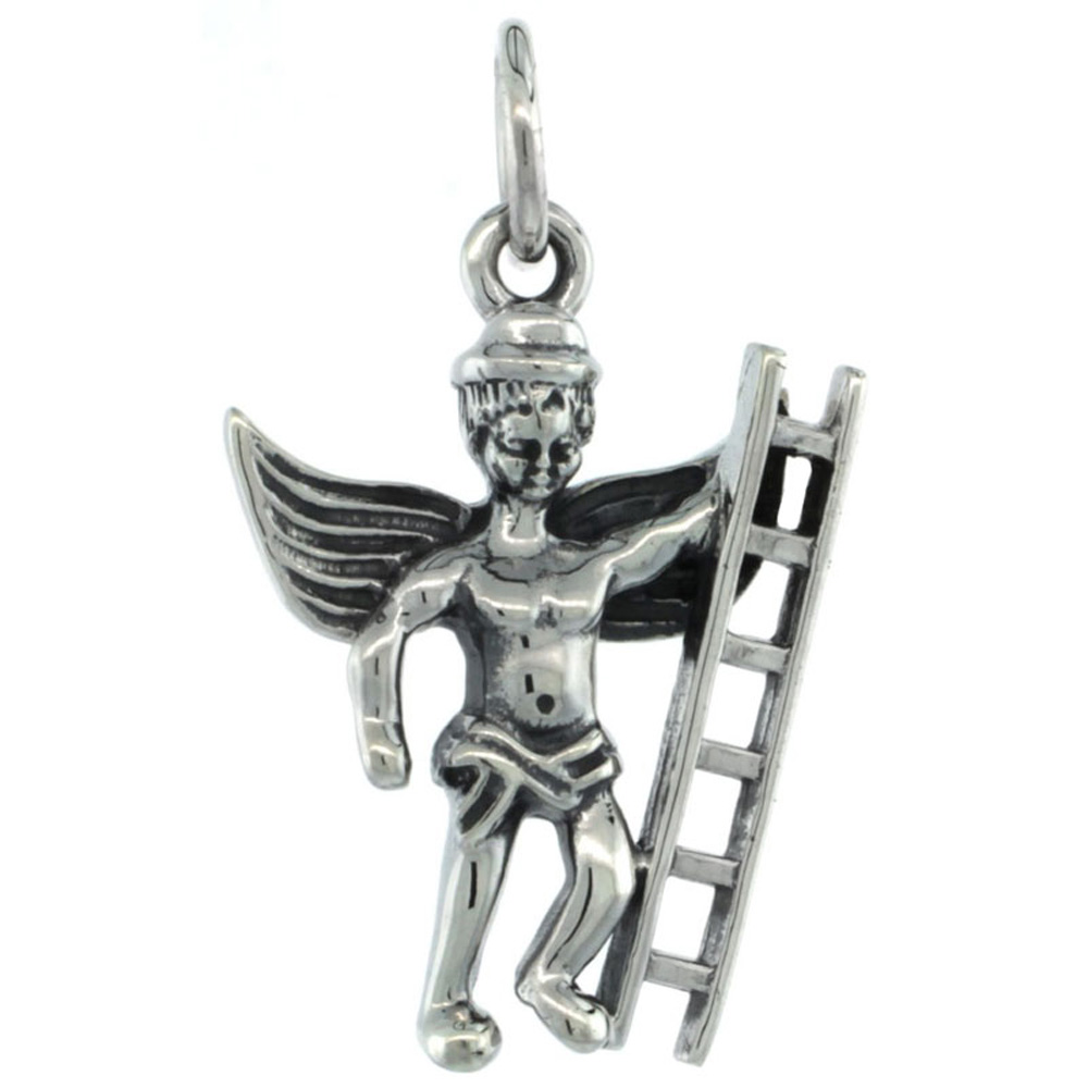 STERLING SILVER GUARDIAN ANGEL FIREMAN PENDANT ANTIQUE FINISH 13/16 INCH