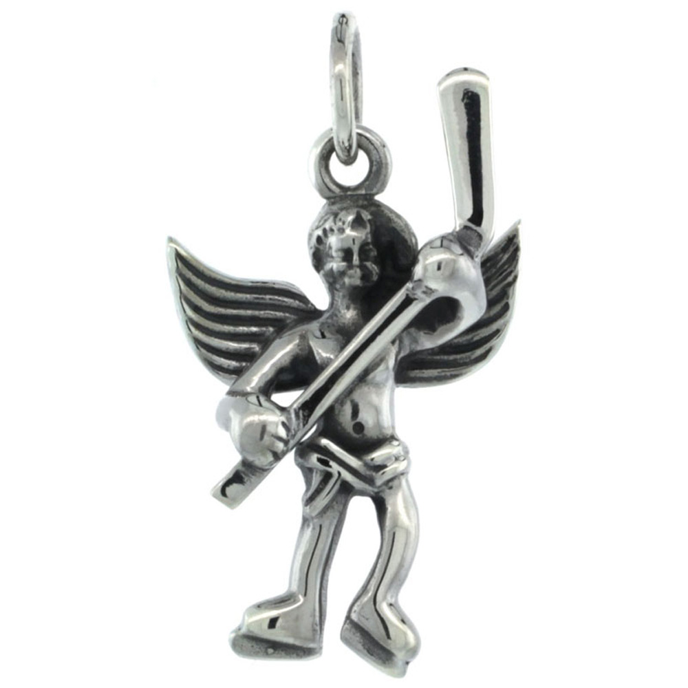 STERLING SILVER GUARDIAN ANGEL HOCKEY PLAYER PENDANT ANTIQUE FINISH 15/16 INCH