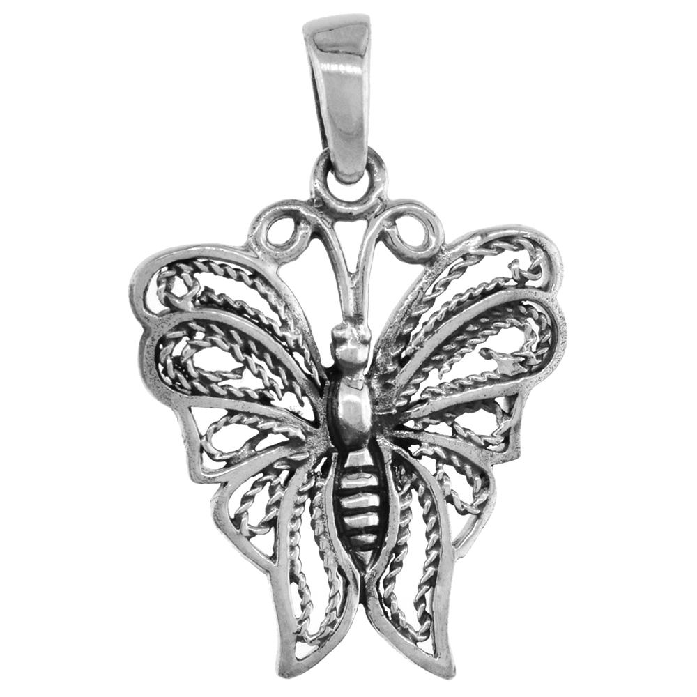 1 3/8 INCH STERLING SILVER FILIGREE BUTTERFLY PENDANT FOR WOMEN DIAMOND-CUT OXIDIZED FINISH NO CHAIN