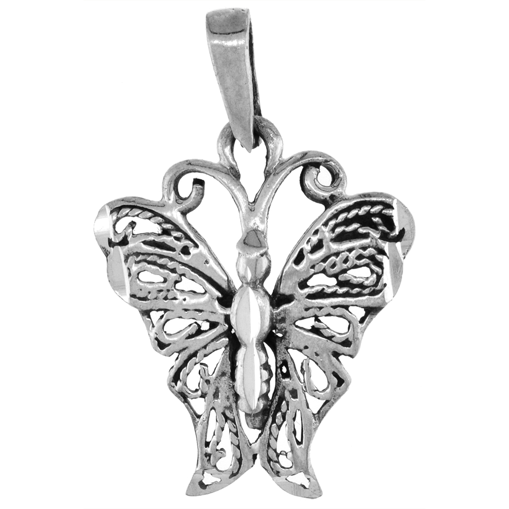 1 1/4 INCH STERLING SILVER FILIGREE BUTTERFLY PENDANT FOR WOMEN DIAMOND-CUT OXIDIZED FINISH NO CHAIN