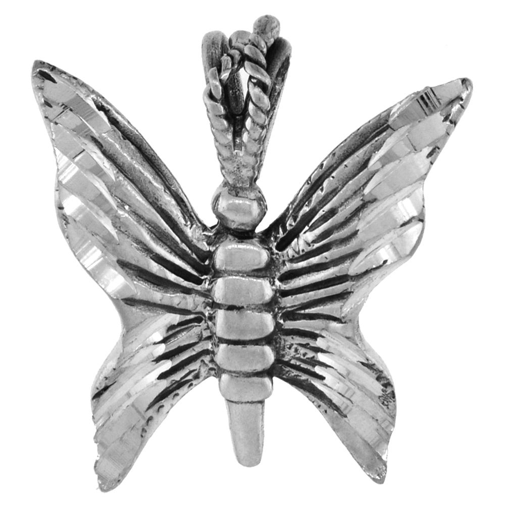 1 INCH STERLING SILVER BUTTERFLY PENDANT FOR WOMEN DIAMOND-CUT OXIDIZED FINISH NO CHAIN
