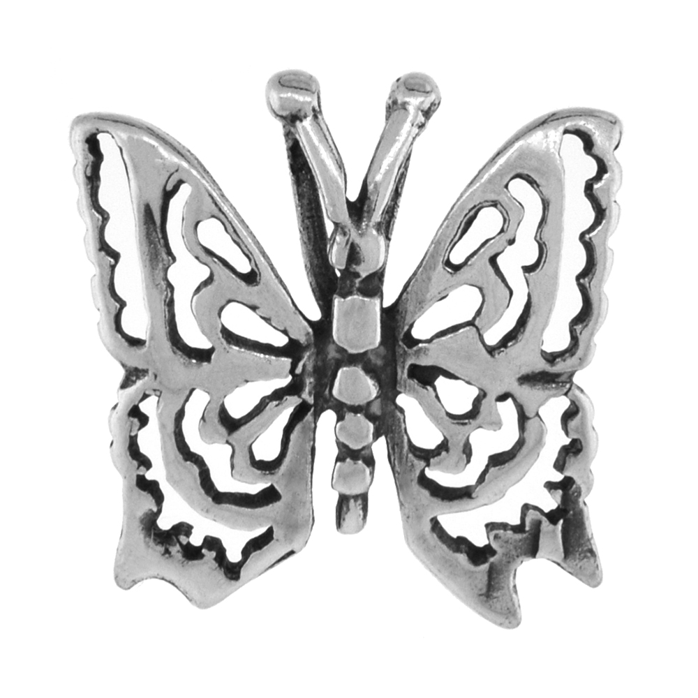 SMALL 3/4 INCH STERLING SILVER BUTTERFLY PENDANT FOR WOMEN DIAMOND-CUT OXIDIZED FINISH NO CHAIN
