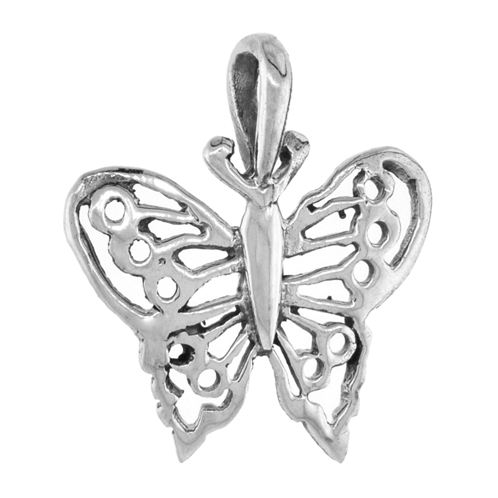 SMALL 3/4 INCH STERLING SILVER BUTTERFLY PENDANT FOR WOMEN DIAMOND-CUT OXIDIZED FINISH NO CHAIN