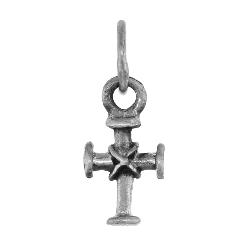VERY TINY 1/2 INCH STERLING SILVER TEUTONIC ROPE CROSS CHARM FOR WOMEN3-D DIAMOND-CUT OXIDIZED FINISH NO CHAIN