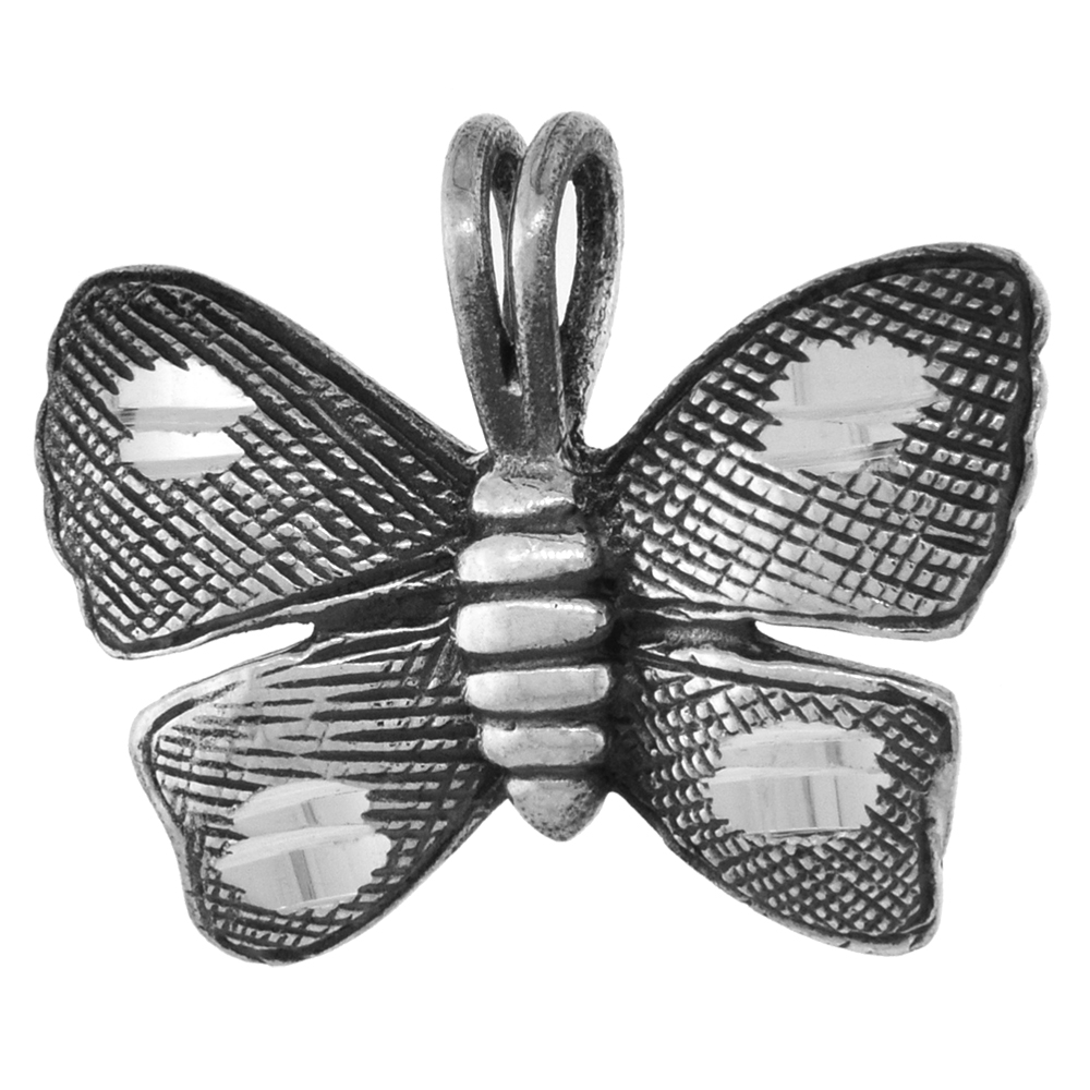 VERY SMALL 3/4 INCH STERLING SILVER BUTTERFLY PENDANT FOR WOMEN DIAMOND-CUT OXIDIZED FINISH NO CHAIN