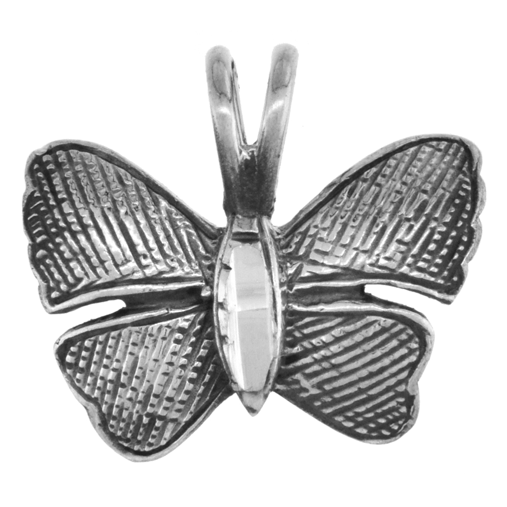 SMALL 3/4 INCH STERLING SILVER BUTTERFLY PENDANT FOR WOMEN DIAMOND-CUT OXIDIZED FINISH NO CHAIN