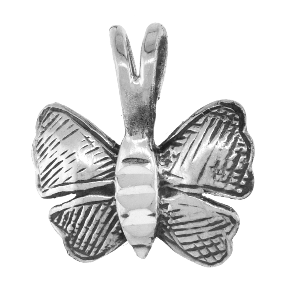 TINY 5/8 INCH STERLING SILVER BUTTERFLY PENDANT FOR WOMEN DIAMOND-CUT OXIDIZED FINISH NO CHAIN