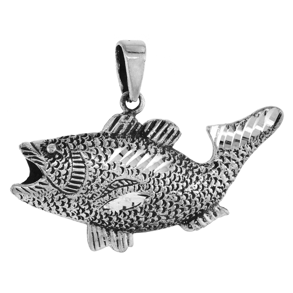 1 3/8 INCH STERLING SILVER BASS FISH PENDANT DIAMOND-CUT OXIDIZED FINISH NO CHAIN