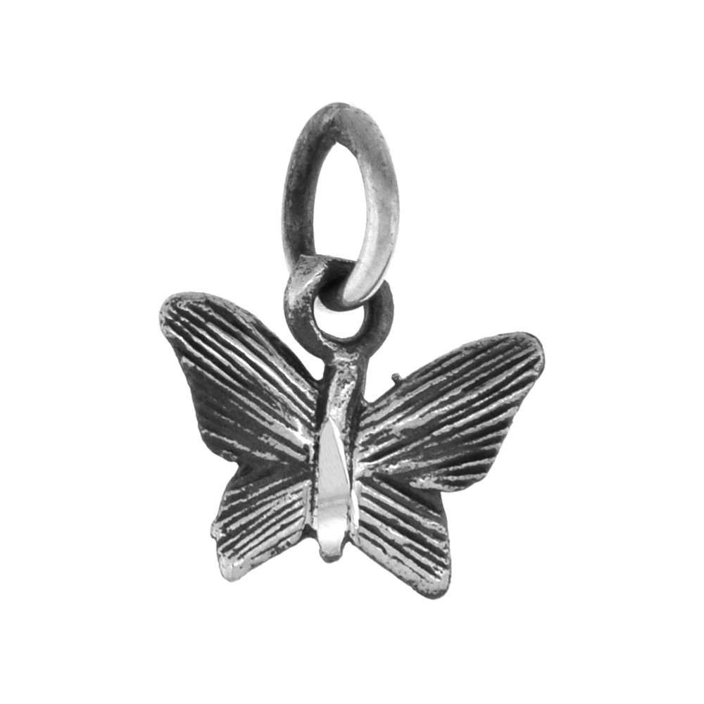 TINY 1/2 INCH STERLING SILVER BUTTERFLY PENDANT FOR WOMEN DIAMOND-CUT OXIDIZED FINISH NO CHAIN