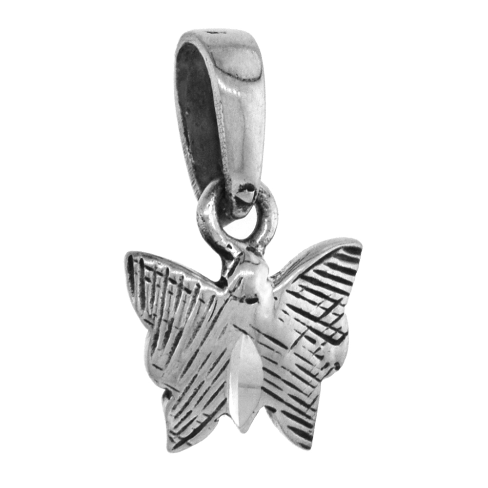 Very Tiny 1/2 inch Sterling Silver Teeny Butterfly Pendant for Women Diamond-Cut Oxidized finish NO Chain