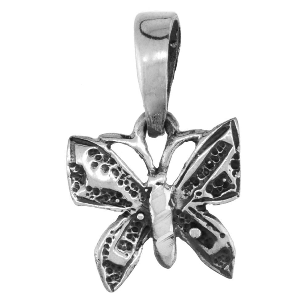 VERY SMALL 5/8 INCH STERLING SILVER TEENY BUTTERFLY PENDANT FOR WOMEN DIAMOND-CUT OXIDIZED FINISH NO CHAIN