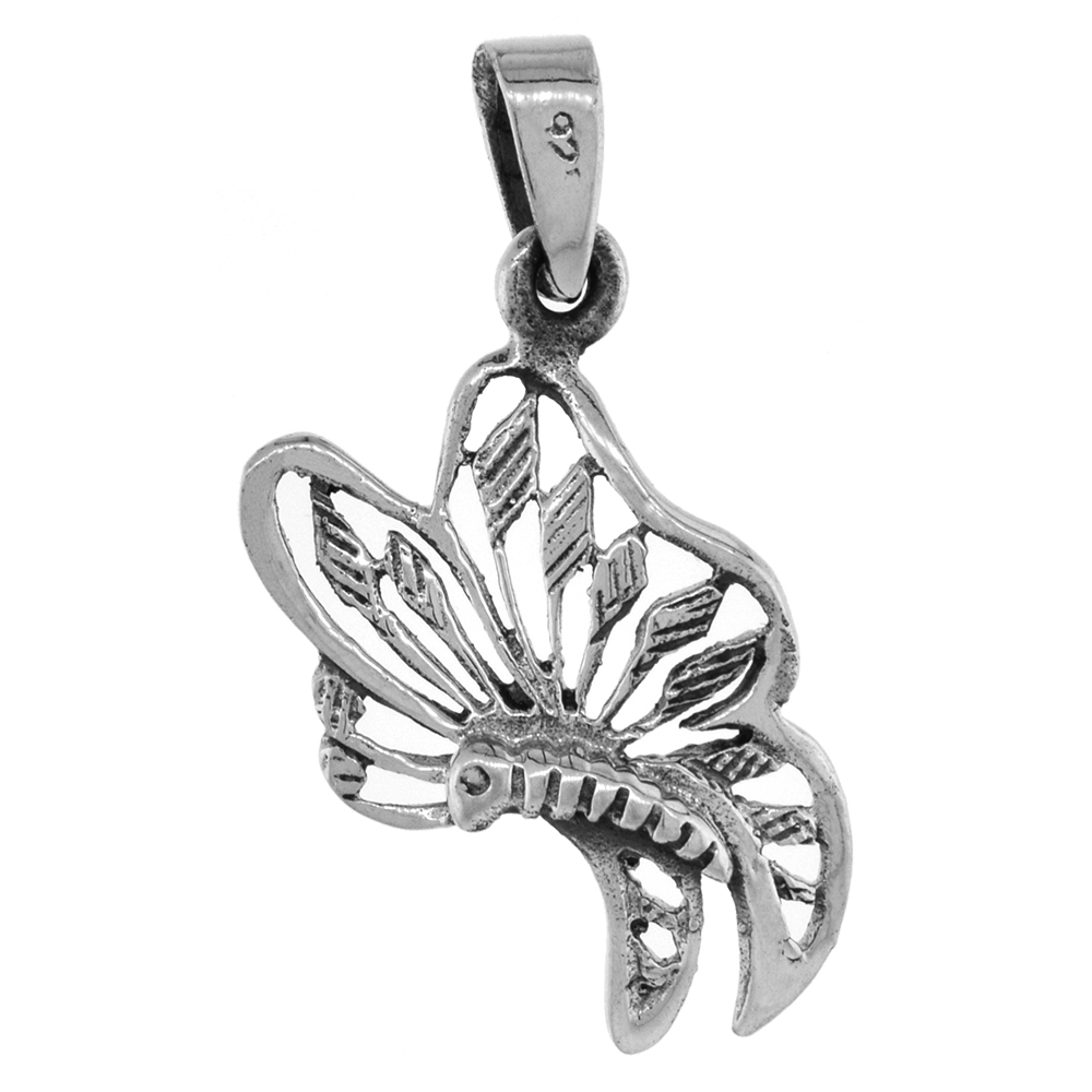 1 1/4 INCH STERLING SILVER BUTTERFLY PENDANT FOR WOMEN DIAMOND-CUT OXIDIZED FINISH NO CHAIN