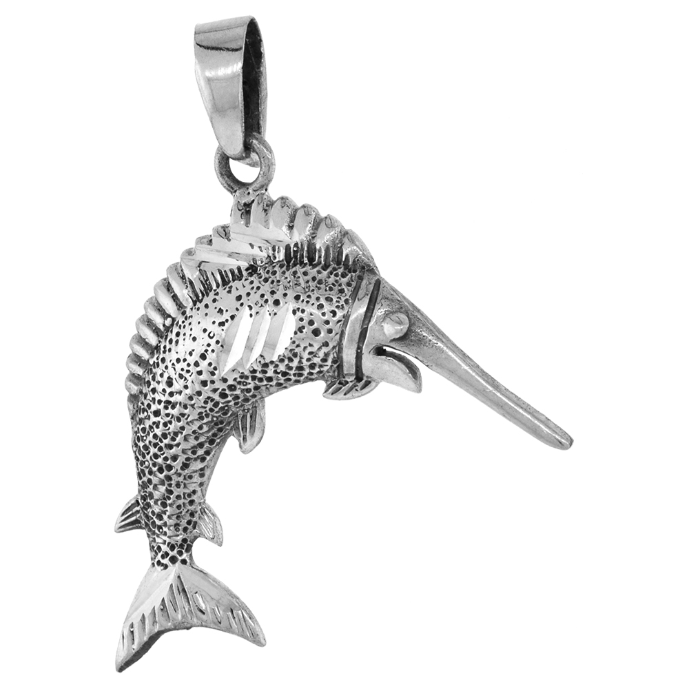 1 1/4 INCH STERLING SILVER SAILFISH SWORDFISH PENDANT DIAMOND-CUT OXIDIZED FINISH NO CHAIN