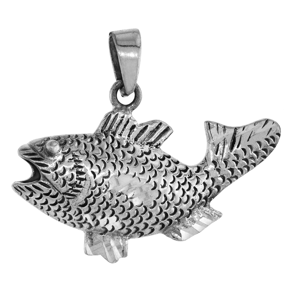 1 1/8 INCH STERLING SILVER BASS FISH PENDANT DIAMOND-CUT OXIDIZED FINISH NO CHAIN