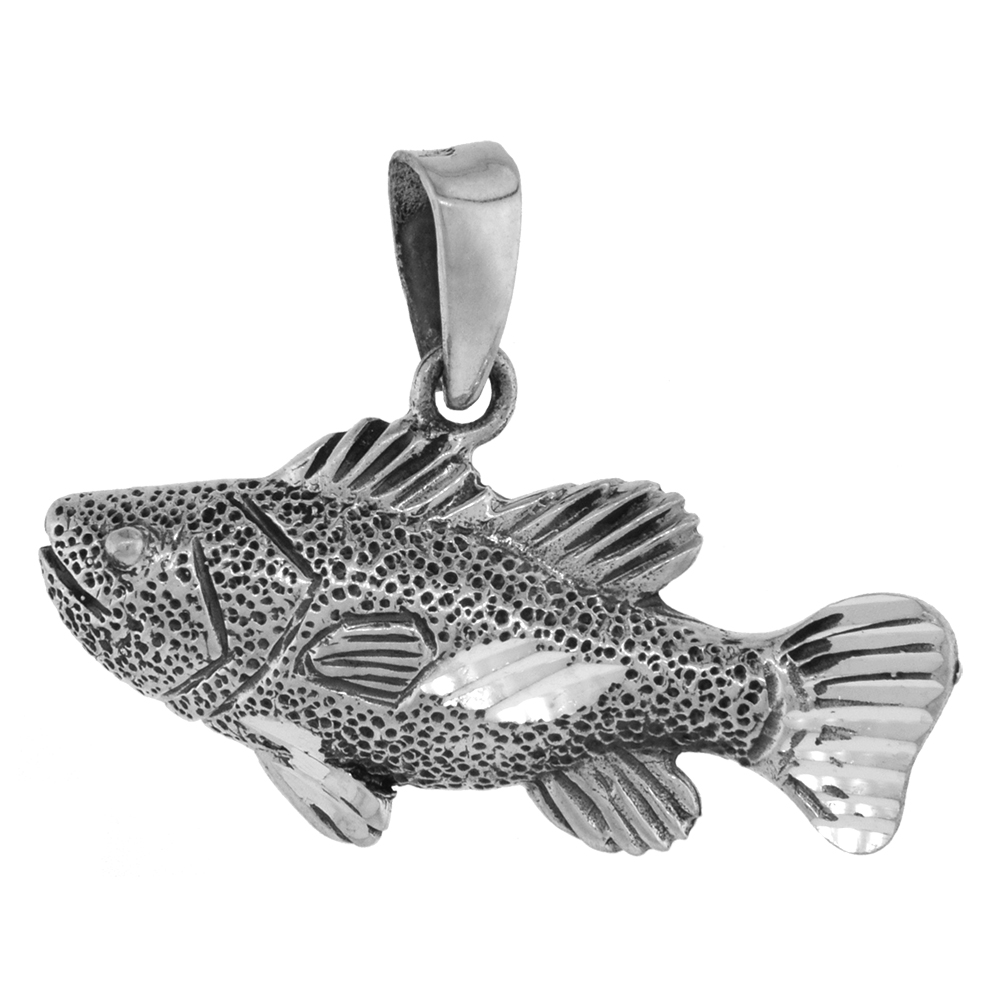 1 INCH STERLING SILVER BASS FISH PENDANT DIAMOND-CUT OXIDIZED FINISH NO CHAIN