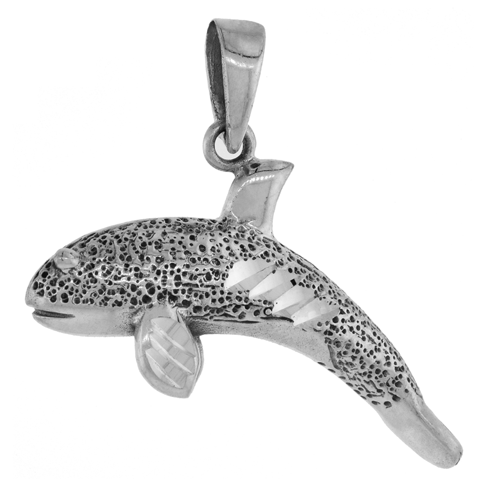 1 INCH STERLING SILVER ORCA KILLER WHALE PENDANT DIAMOND-CUT OXIDIZED FINISH NO CHAIN