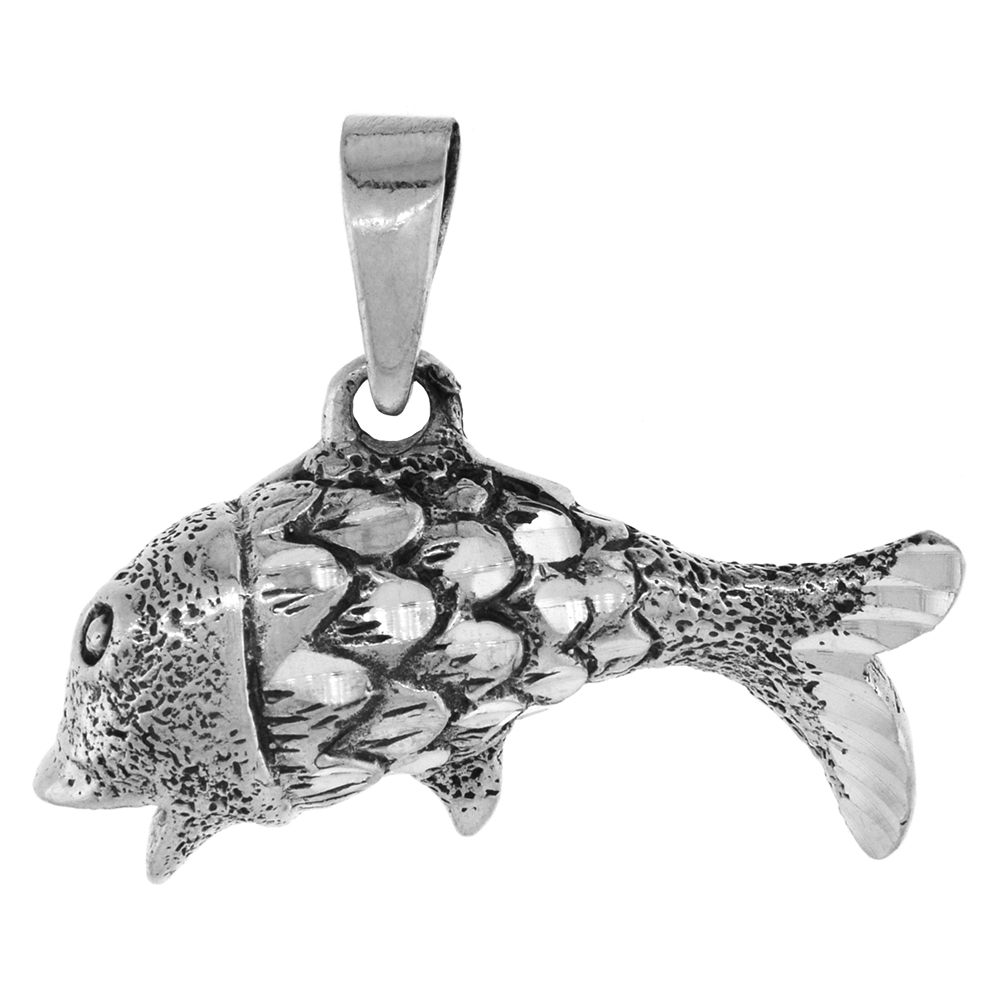 1 INCH STERLING SILVER SCALY FISH PENDANT DIAMOND-CUT OXIDIZED FINISH NO CHAIN