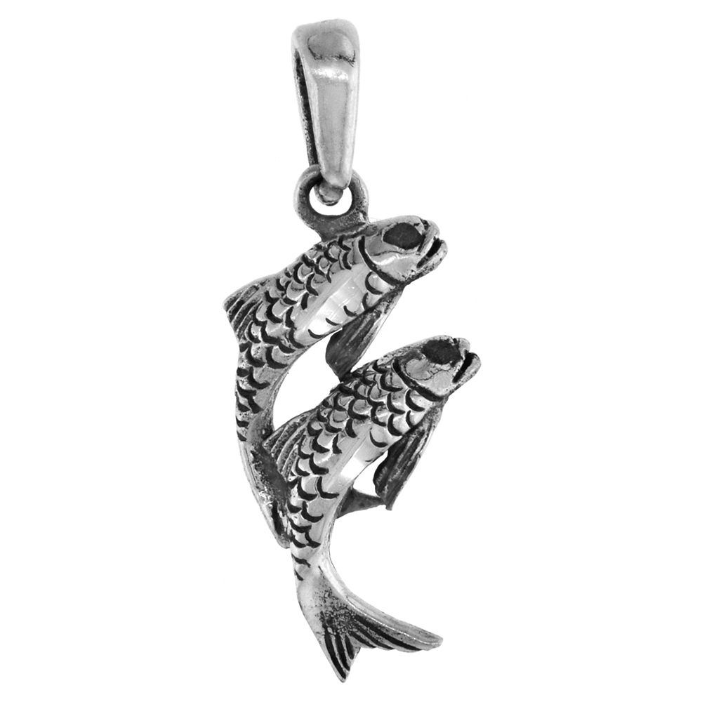 1 1/8 INCH STERLING SILVER ZODIAC SIGN PISCES DOUBLE FISH PENDANT DIAMOND-CUT OXIDIZED FINISH NO CHAIN