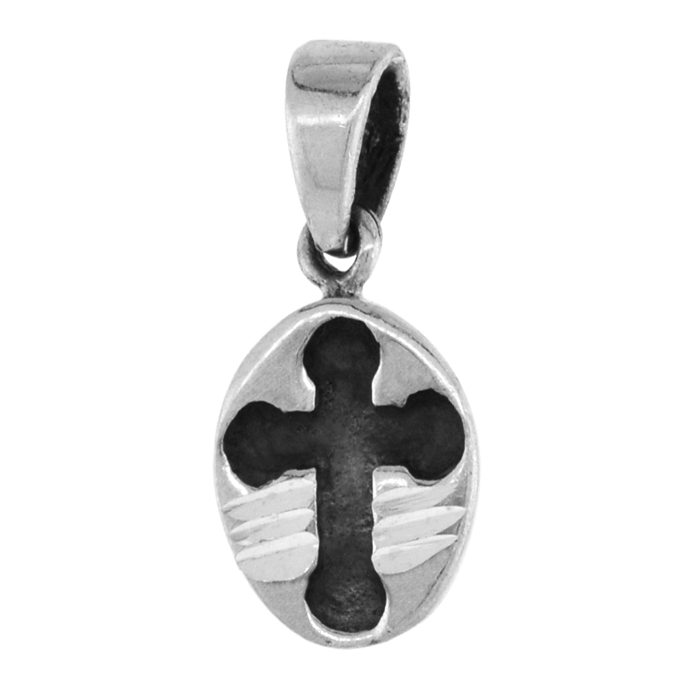 TINY 1/2 INCH STERLING SILVER BUDDED CROSS PENDANT FOR WOMEN DIAMOND-CUT OXIDIZED FINISH NO CHAIN