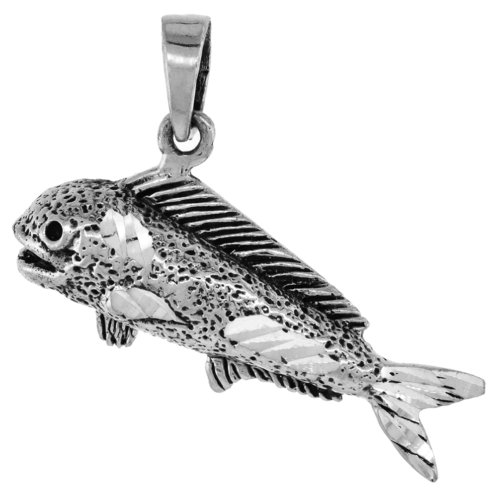 1 1/16 INCH STERLING SILVER MAHI MAHI FISH PENDANT DIAMOND-CUT OXIDIZED FINISH NO CHAIN