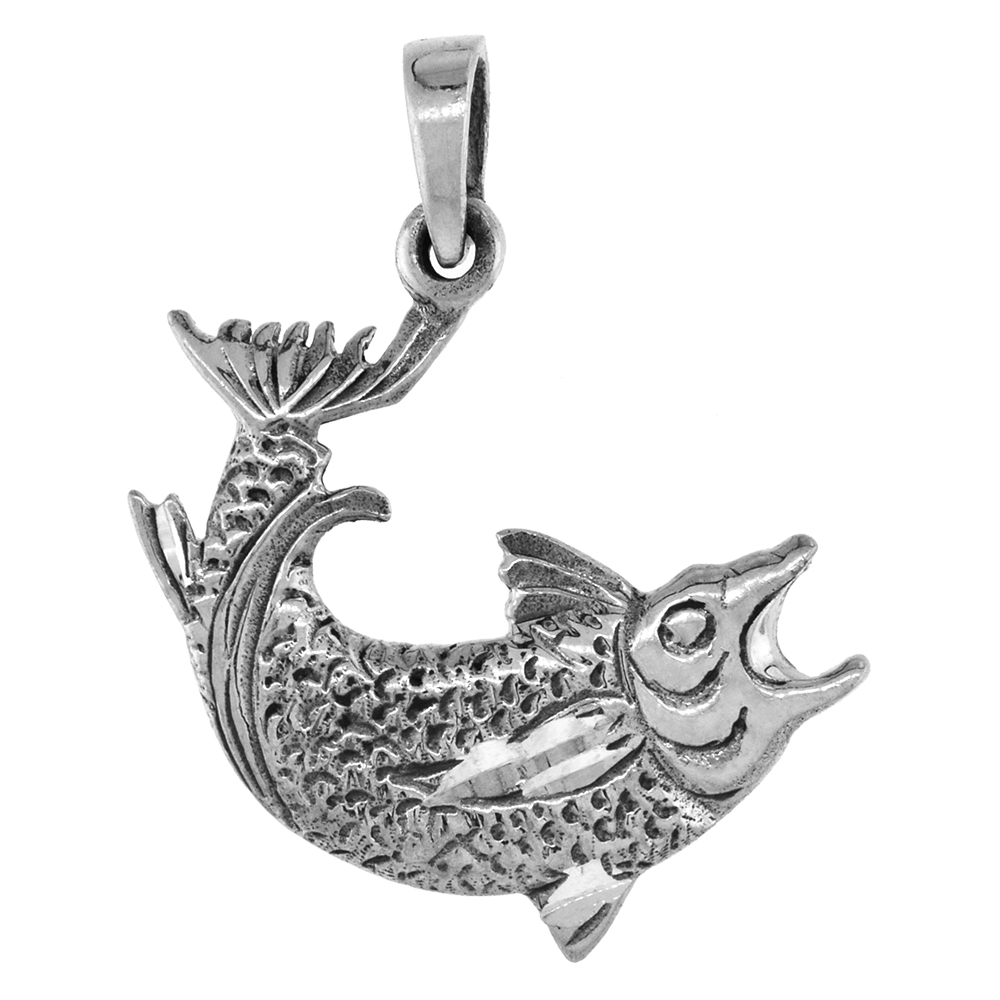 1 1/4 INCH STERLING SILVER SOCKEYE SALMON FISH PENDANT DIAMOND-CUT OXIDIZED FINISH NO CHAIN