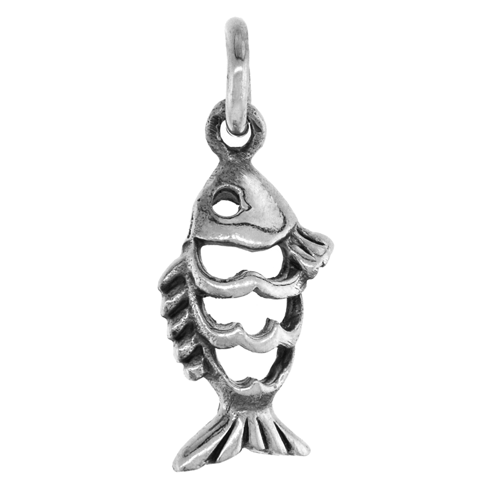 1 INCH STERLING SILVER OPEN FISH PENDANT DIAMOND-CUT OXIDIZED FINISH NO CHAIN