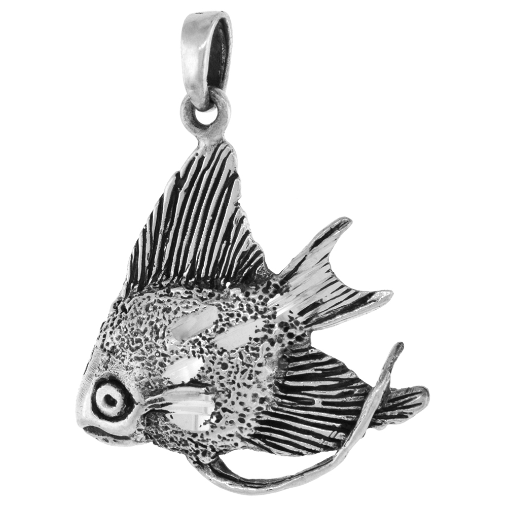 1 1/2 INCH STERLING SILVER ANGELFISH PENDANT DIAMOND-CUT OXIDIZED FINISH NO CHAIN
