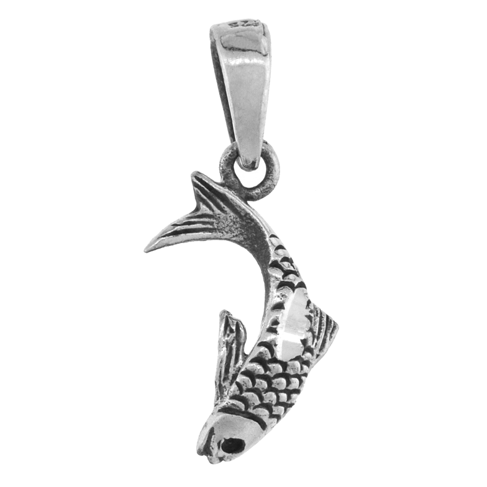 1 INCH STERLING SILVER SWIMMING FISH PENDANT DIAMOND-CUT OXIDIZED FINISH NO CHAIN