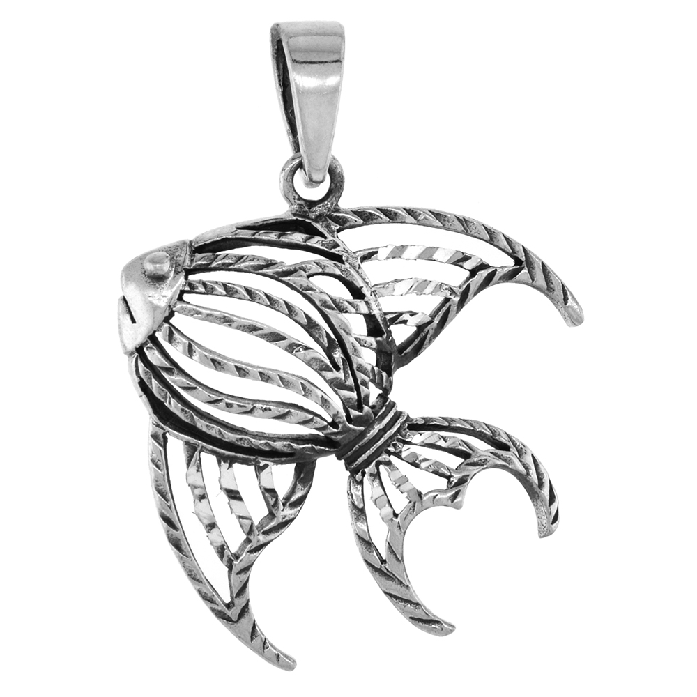 1 1/2 INCH STERLING SILVER OPEN ANGELFISH PENDANT DIAMOND-CUT OXIDIZED FINISH NO CHAIN