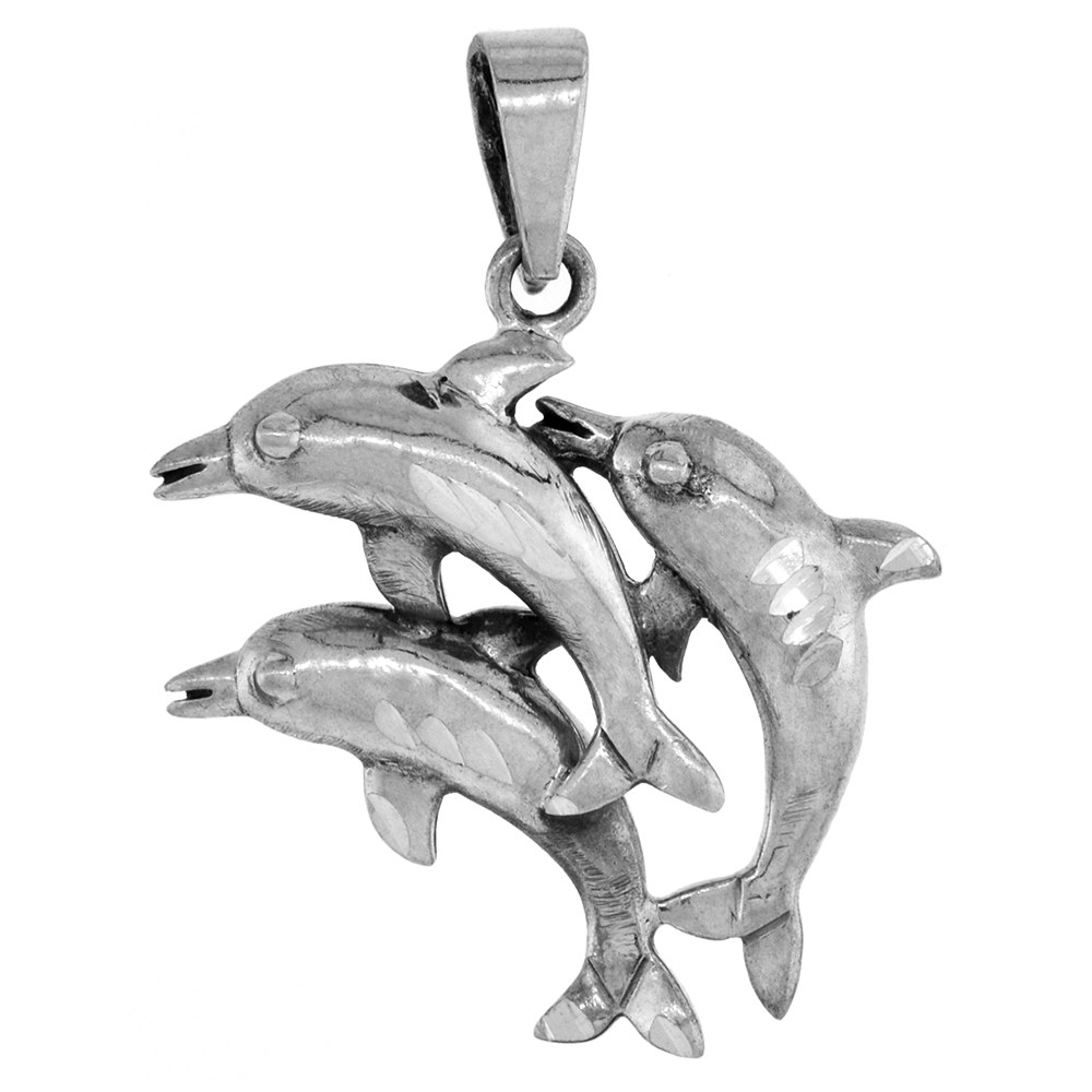 1 3/8 INCH STERLING SILVER 3 DOLPHINS PENDANT DIAMOND-CUT OXIDIZED FINISH NO CHAIN