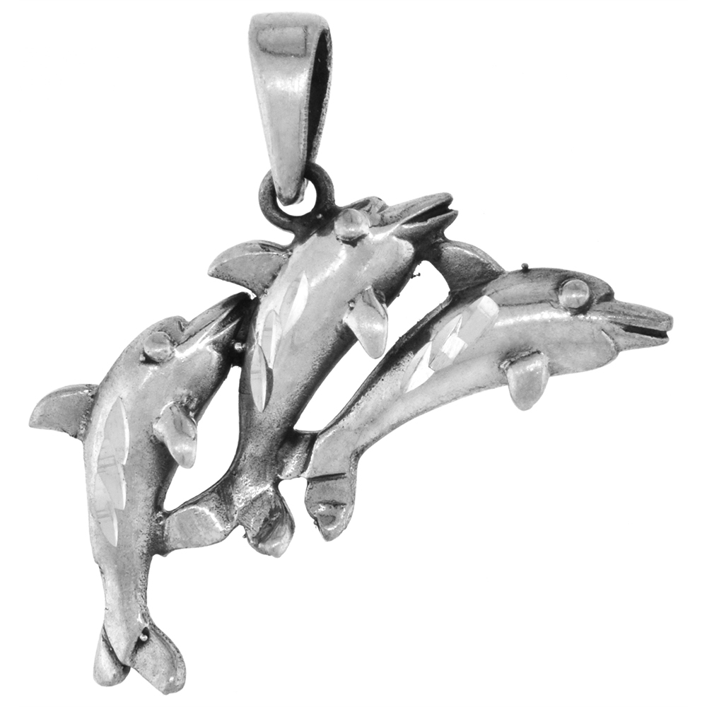 1 1/4 INCH STERLING SILVER TRIPLE DOLPHINS PENDANT DIAMOND-CUT OXIDIZED FINISH NO CHAIN
