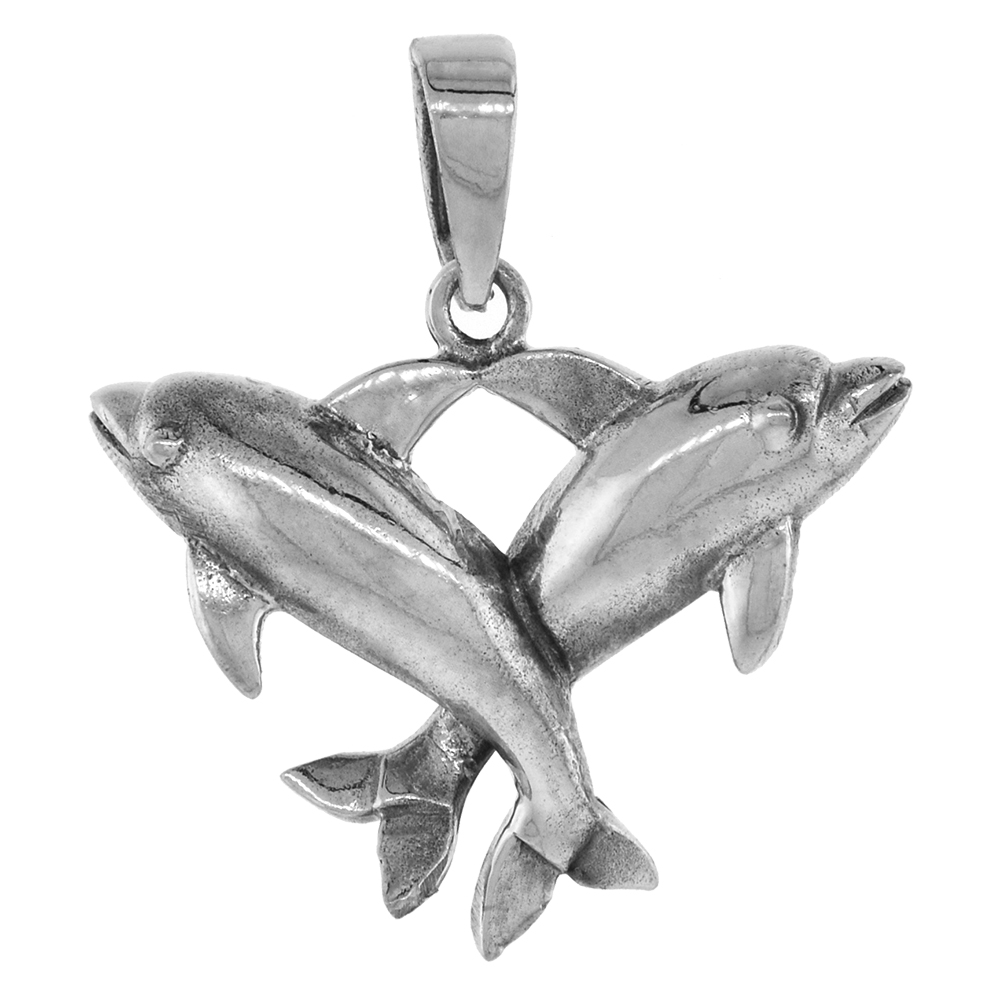 1 1/4 INCH STERLING SILVER DOUBLE DOLPHIN PENDANT DIAMOND-CUT OXIDIZED FINISH NO CHAIN