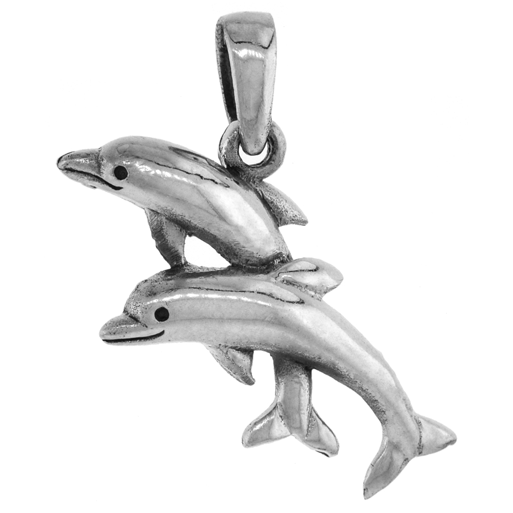 1 1/8 INCH STERLING SILVER 2 DOLPHINS PENDANT DIAMOND-CUT OXIDIZED FINISH NO CHAIN