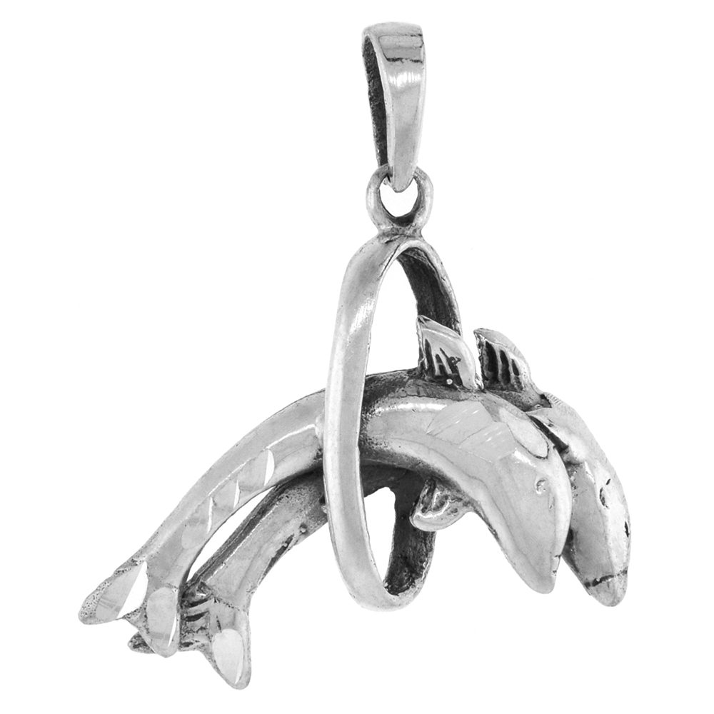 1 1/4 INCH STERLING SILVER DOLPHINS JUMPING THRU RING PENDANT DIAMOND-CUT OXIDIZED FINISH NO CHAIN
