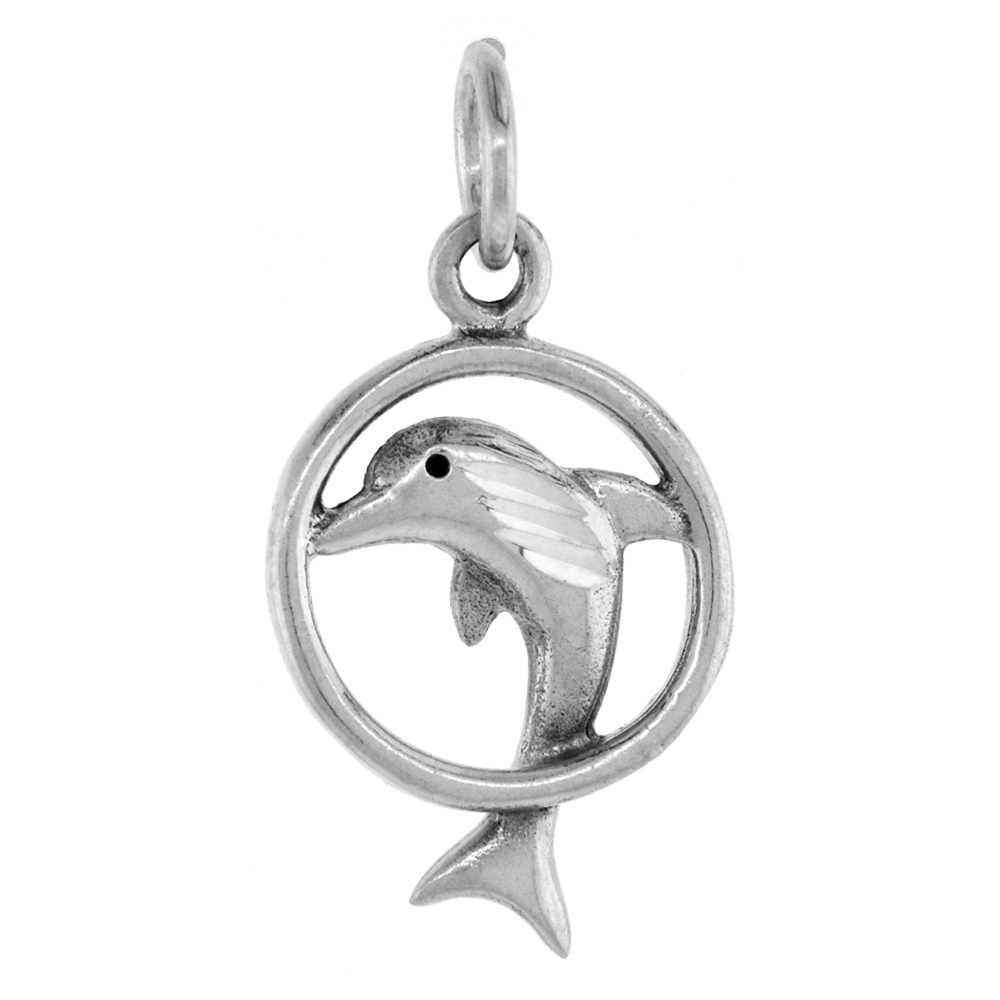 1 INCH STERLING SILVER DOLPHIN JUMPING HOOP PENDANT DIAMOND-CUT OXIDIZED FINISH NO CHAIN (NO CHAIN)