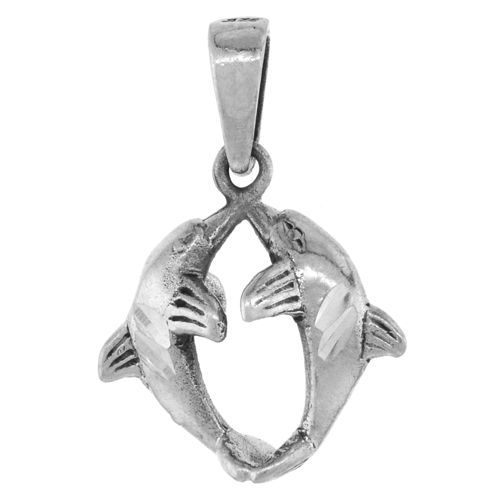 1 INCH STERLING SILVER KISSING DOLPHINS PENDANT 3-D DIAMOND-CUT OXIDIZED FINISH NO CHAIN