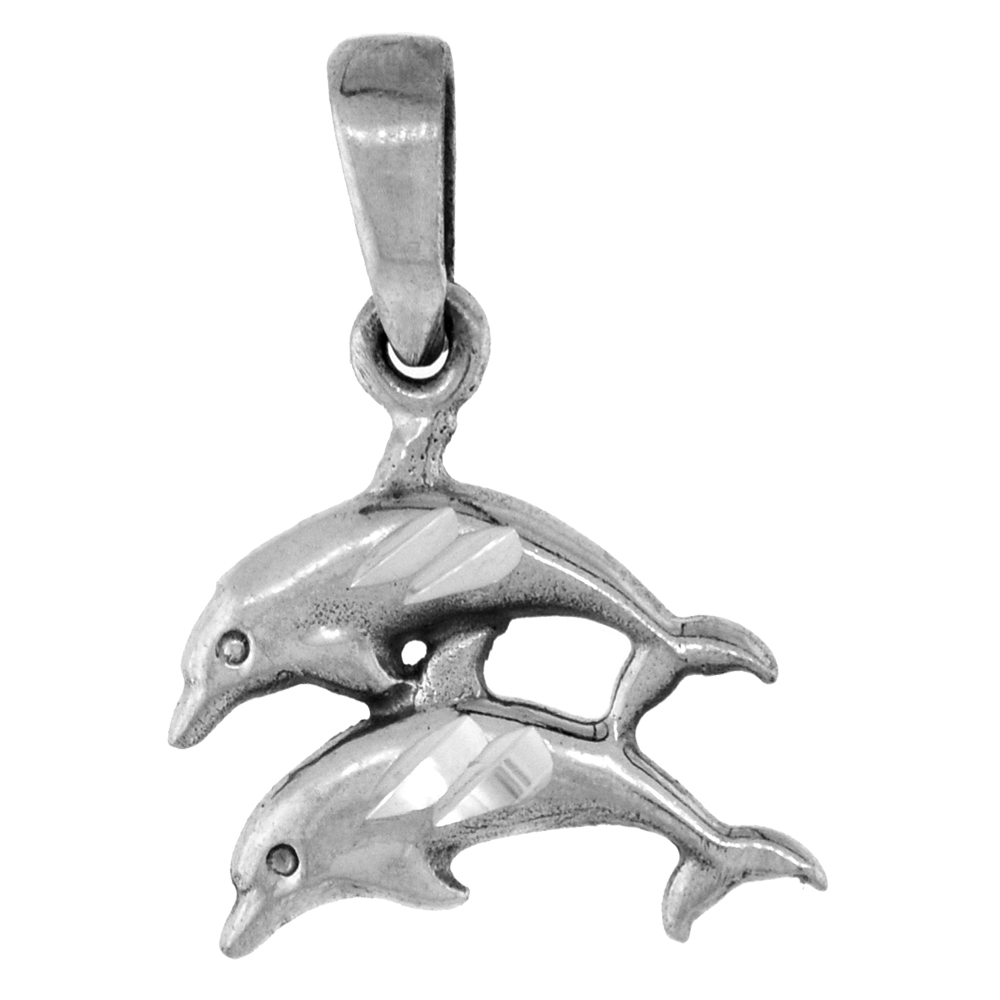 1 INCH STERLING SILVER DOUBLE JUMPING DOLPHIN PENDANT DIAMOND-CUT OXIDIZED FINISH NO CHAIN