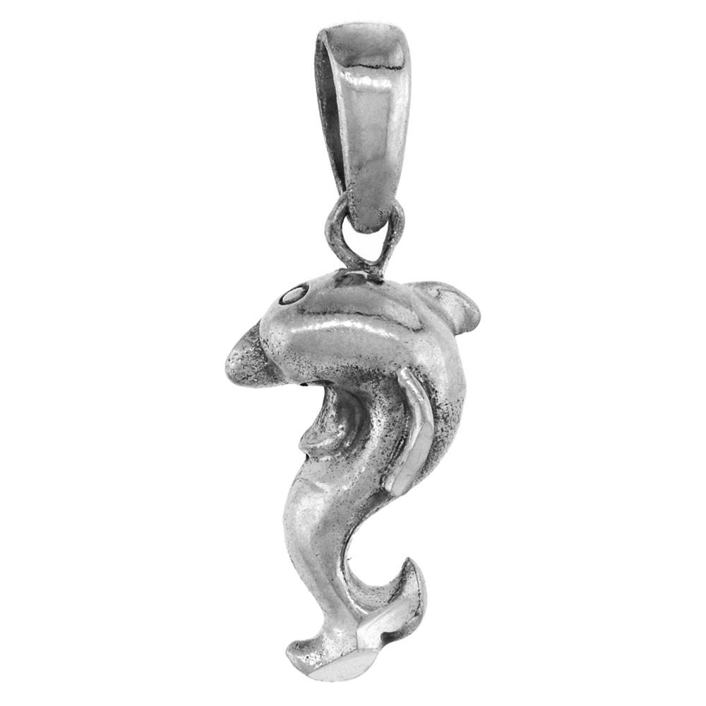 1 1/16 INCH STERLING SILVER DOLPHIN PENDANT DIAMOND-CUT OXIDIZED FINISH NO CHAIN