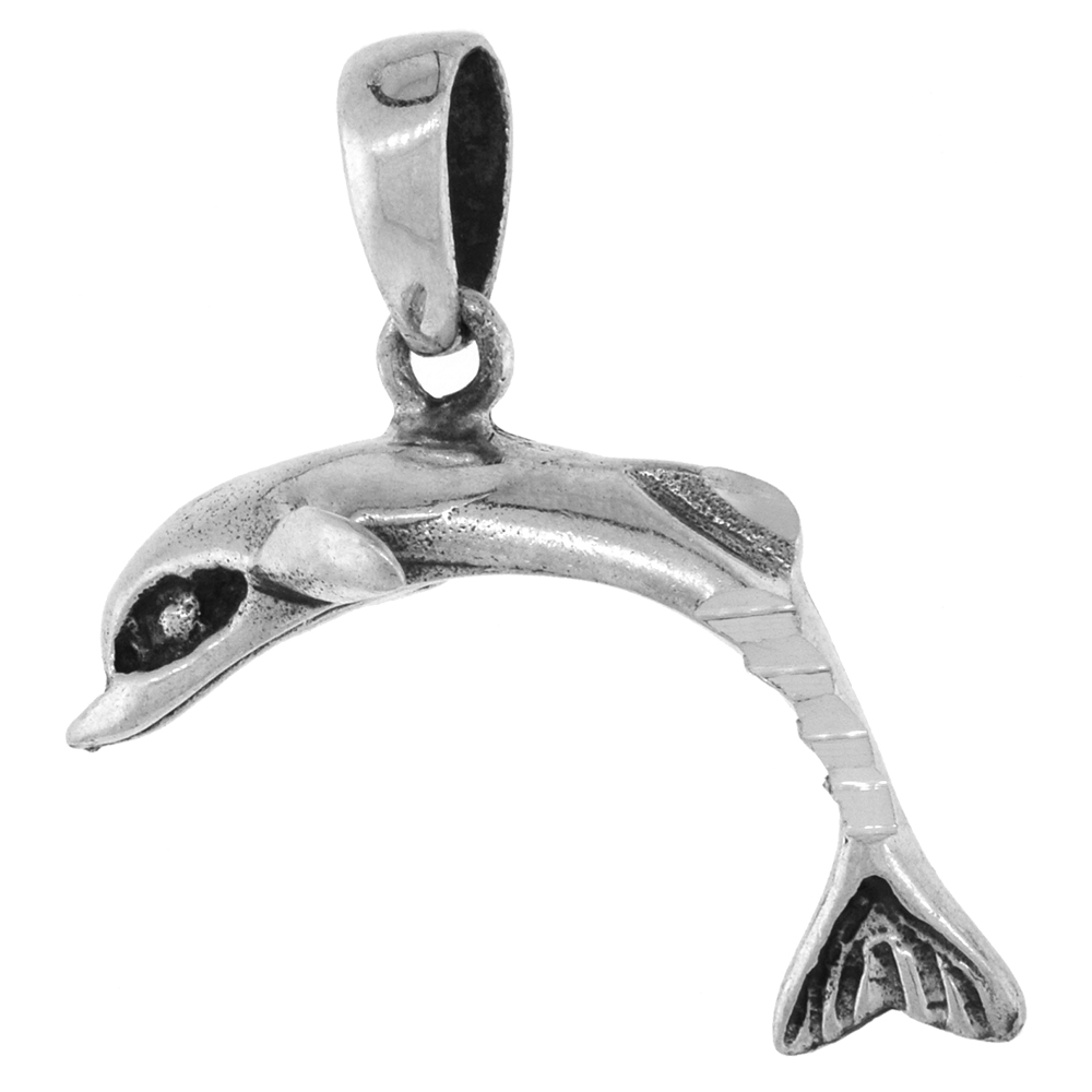 1 1/8 INCH STERLING SILVER DOLPHIN PENDANT DIAMOND-CUT OXIDIZED FINISH NO CHAIN