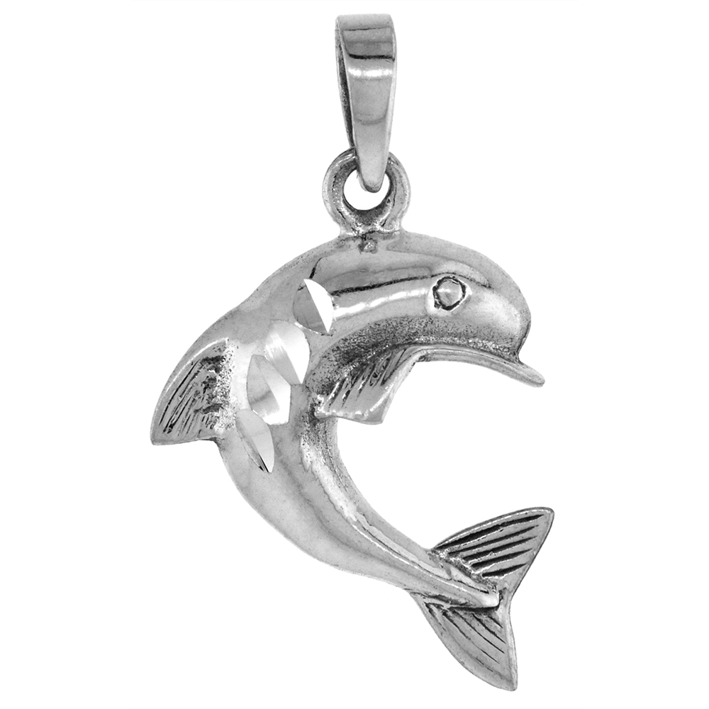 1 3/8 INCH STERLING SILVER JUMPING DOLPHIN PENDANT DIAMOND-CUT OXIDIZED FINISH NO CHAIN