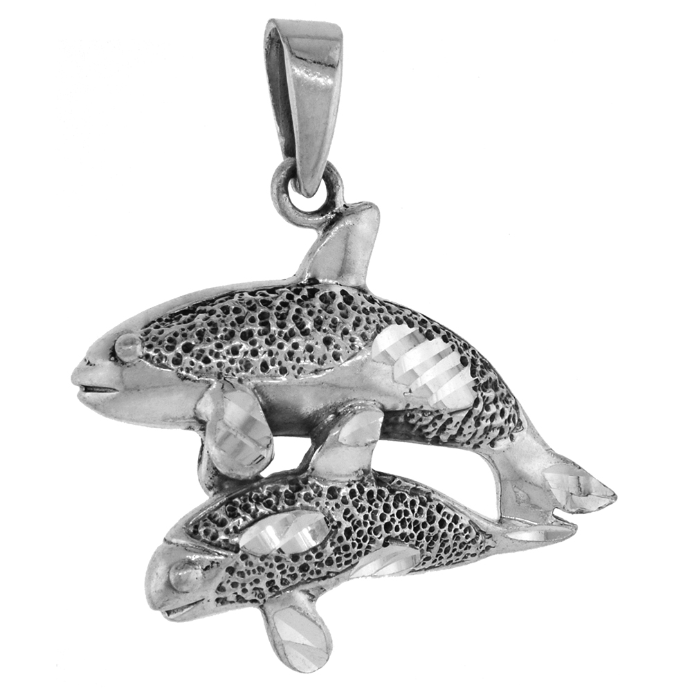1 3/8 INCH STERLING SILVER GRAY WHALES PENDANT DIAMOND-CUT OXIDIZED FINISH NO CHAIN