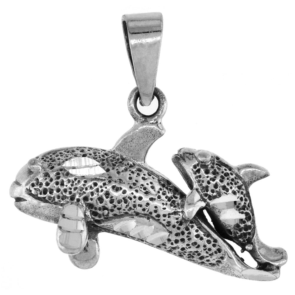 1 INCH STERLING SILVER MOTHER AND BABY ORCA PENDANT DIAMOND-CUT OXIDIZED FINISH NO CHAIN