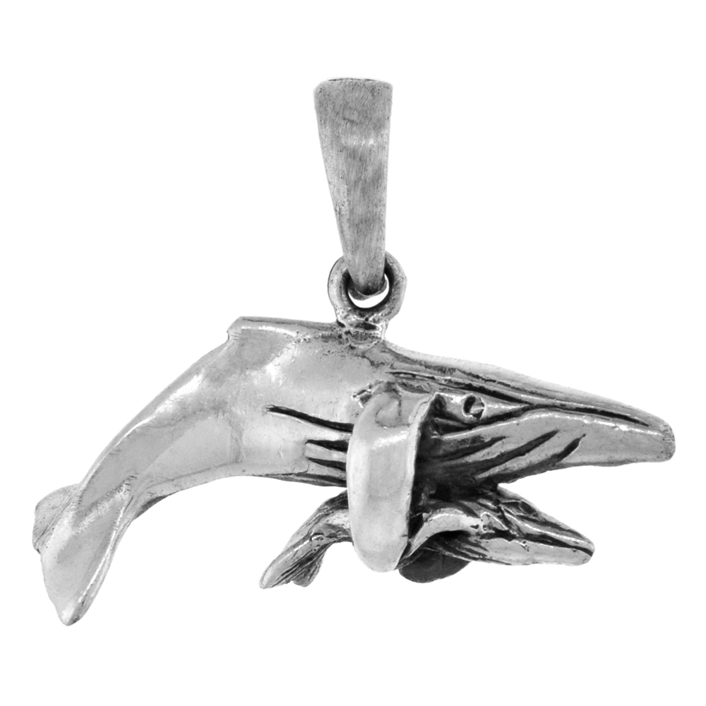 SMALL 3/4 INCH STERLING SILVER MOTHER AND BABY SPERM WHALE PENDANT FOR WOMEN DIAMOND-CUT OXIDIZED FINISH NO CHAIN