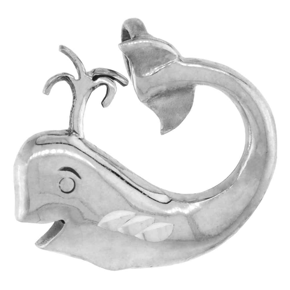 1 INCH STERLING SILVER HAPPY WHALE PENDANT DIAMOND-CUT OXIDIZED FINISH NO CHAIN