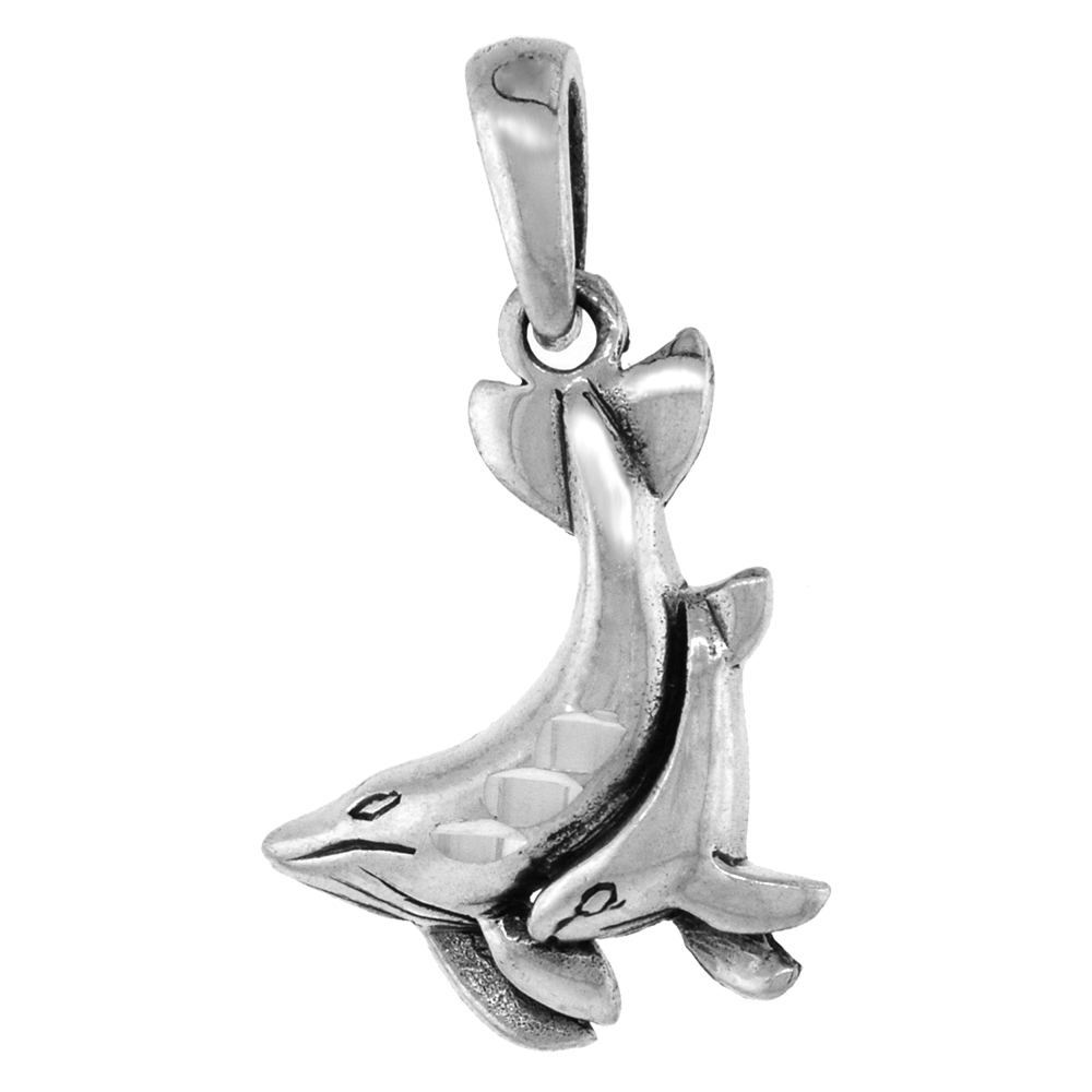 1 1/8 INCH STERLING SILVER MOTHER AND BABY WHALE PENDANT DIAMOND-CUT OXIDIZED FINISH NO CHAIN