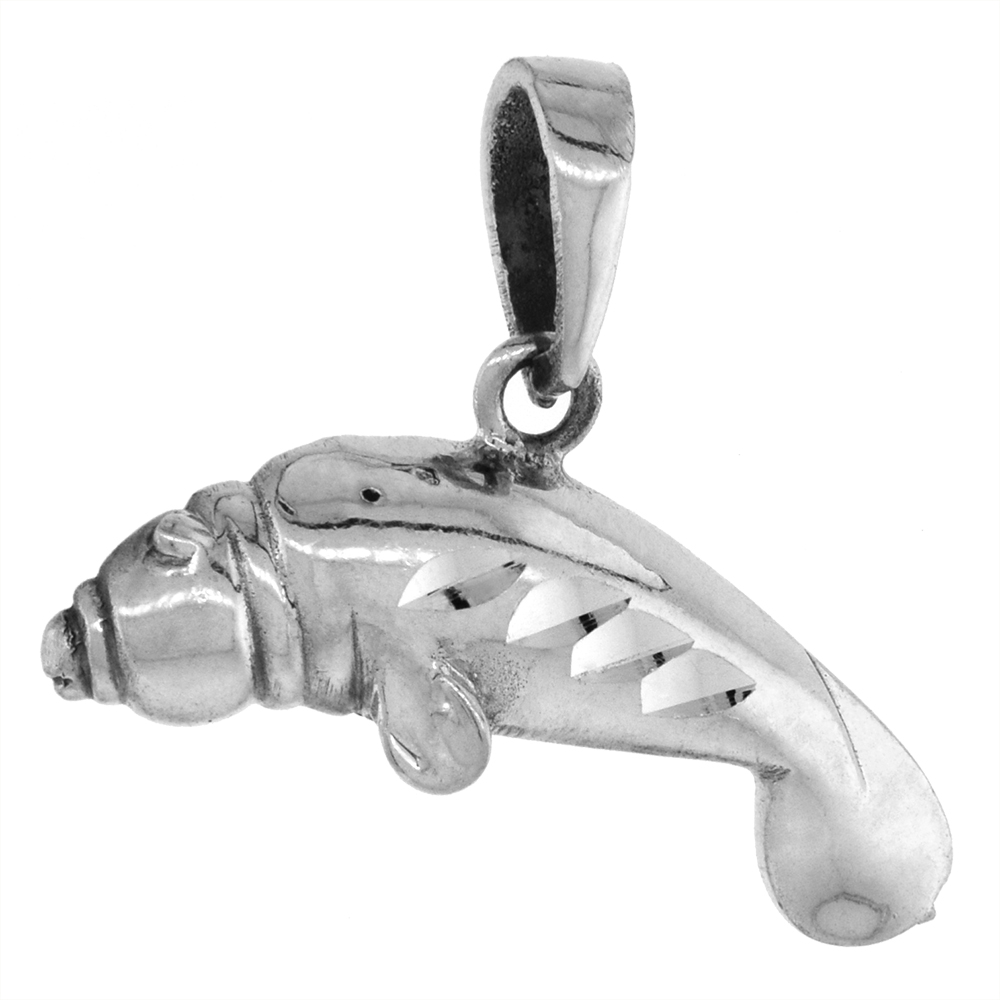 1 INCH STERLING SILVER MANATEE PENDANT DIAMOND-CUT OXIDIZED FINISH NO CHAIN