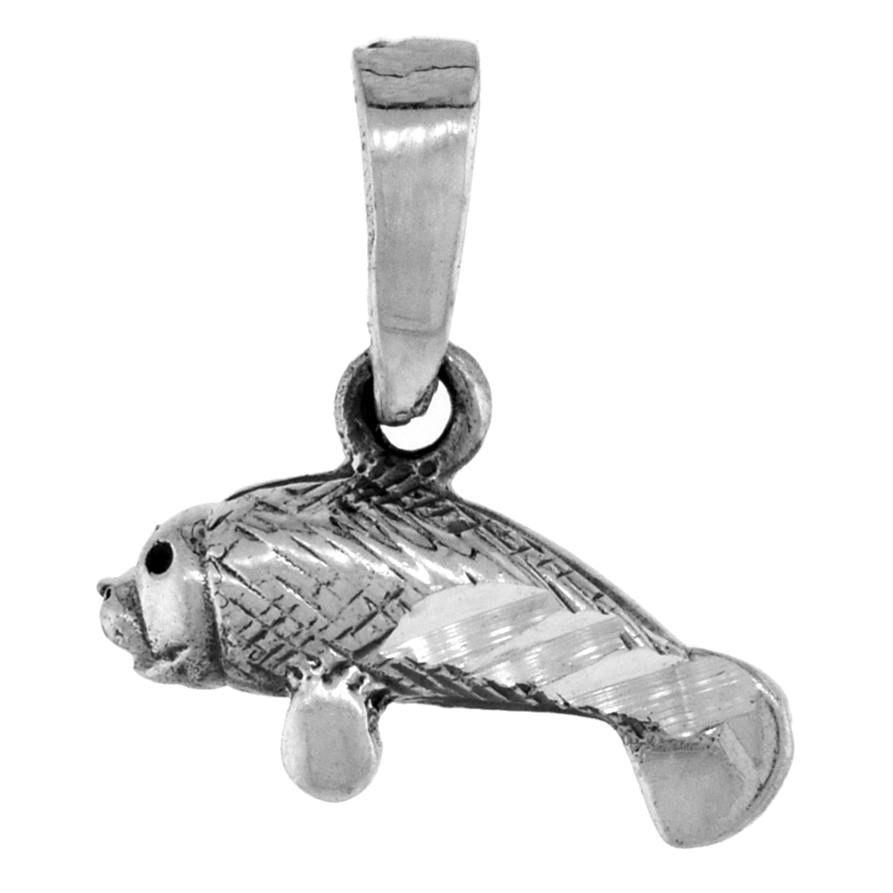 Small 3/4 inch Sterling Silver Manatee Pendant for Women Diamond-Cut Oxidized finish NO Chain
