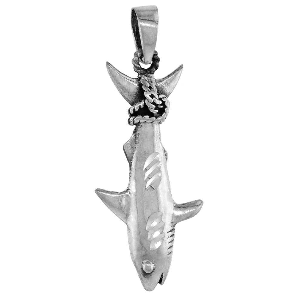 LARGE 2 INCH STERLING SILVER HUNG BY TAIL GREAT WHITE SHARK PENDANT DIAMOND-CUT OXIDIZED FINISH NO CHAIN