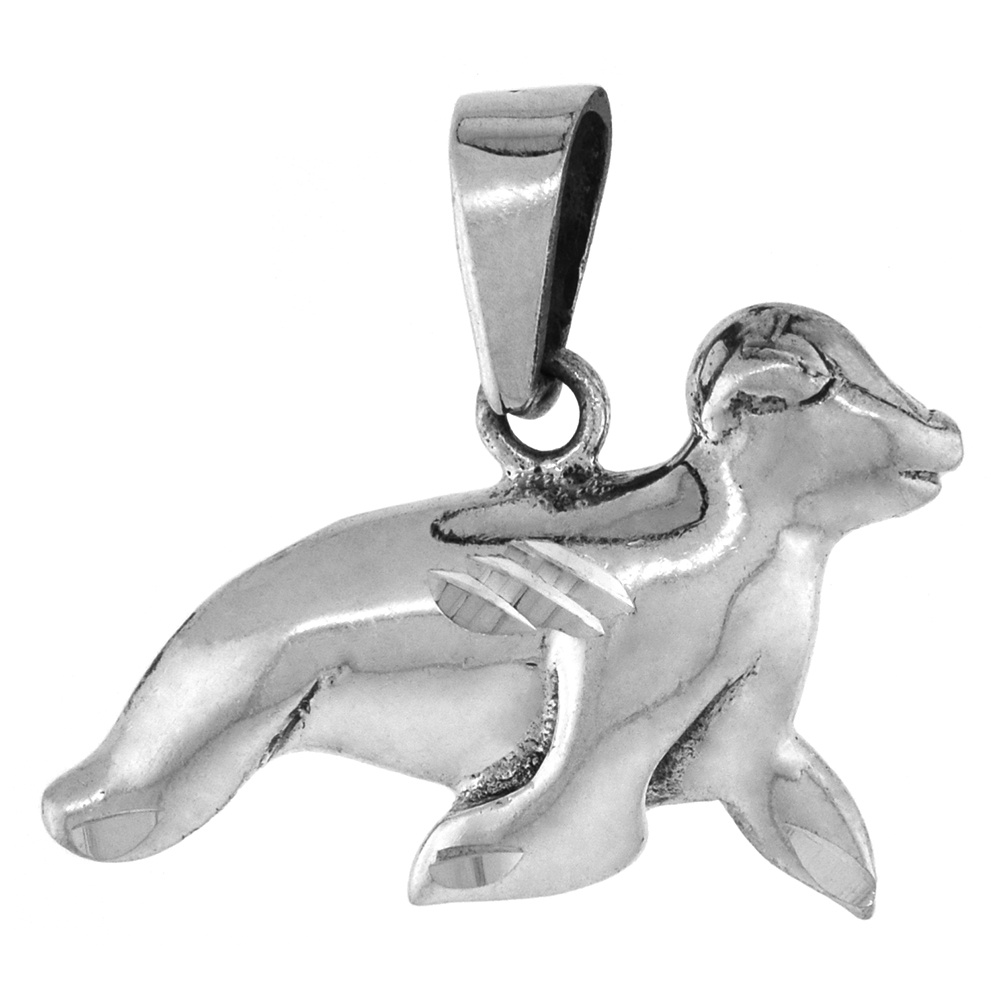 TINY 5/8 INCH STERLING SILVER BABY SEAL PENDANT FOR WOMEN DIAMOND-CUT OXIDIZED FINISH NO CHAIN