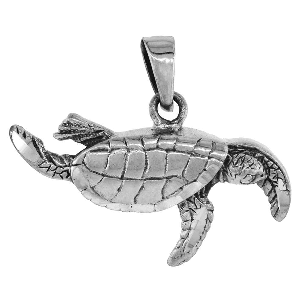 SMALL 3/4 INCH STERLING SILVER SEA TURTLE PENDANT FOR WOMEN DIAMOND-CUT OXIDIZED FINISH NO CHAIN